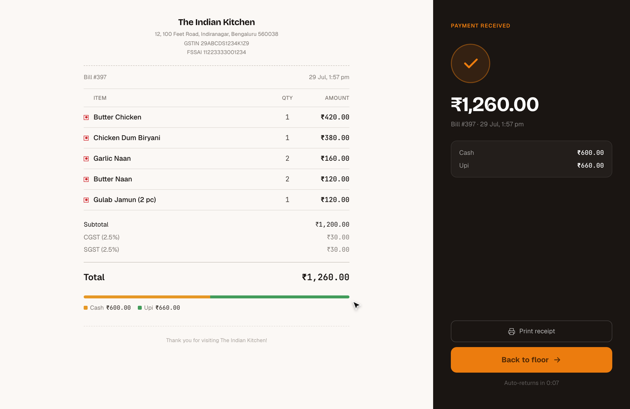 InBill billing screen — payment received with GSTIN, CGST/SGST breakdown and split cash/UPI tender