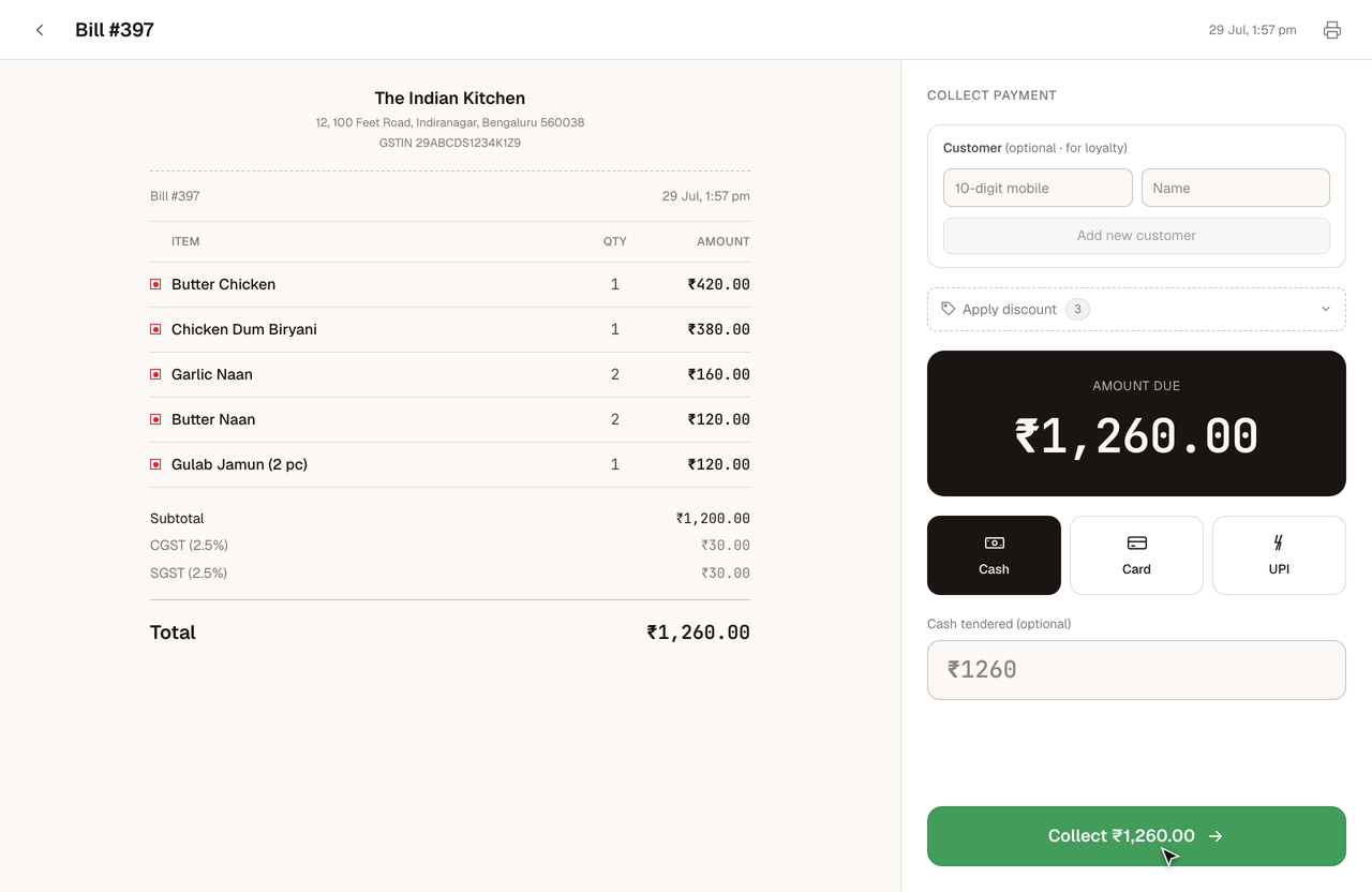 InBill billing screen — collecting split cash/card/UPI payment with a discount applied