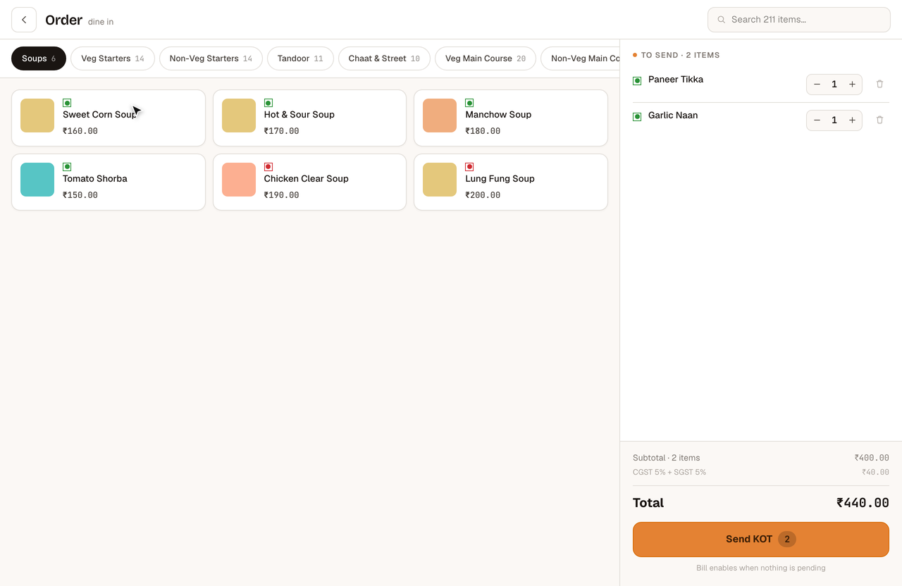 InBill order screen — categorised menu of 211 items with live cart, CGST/SGST and Send KOT
