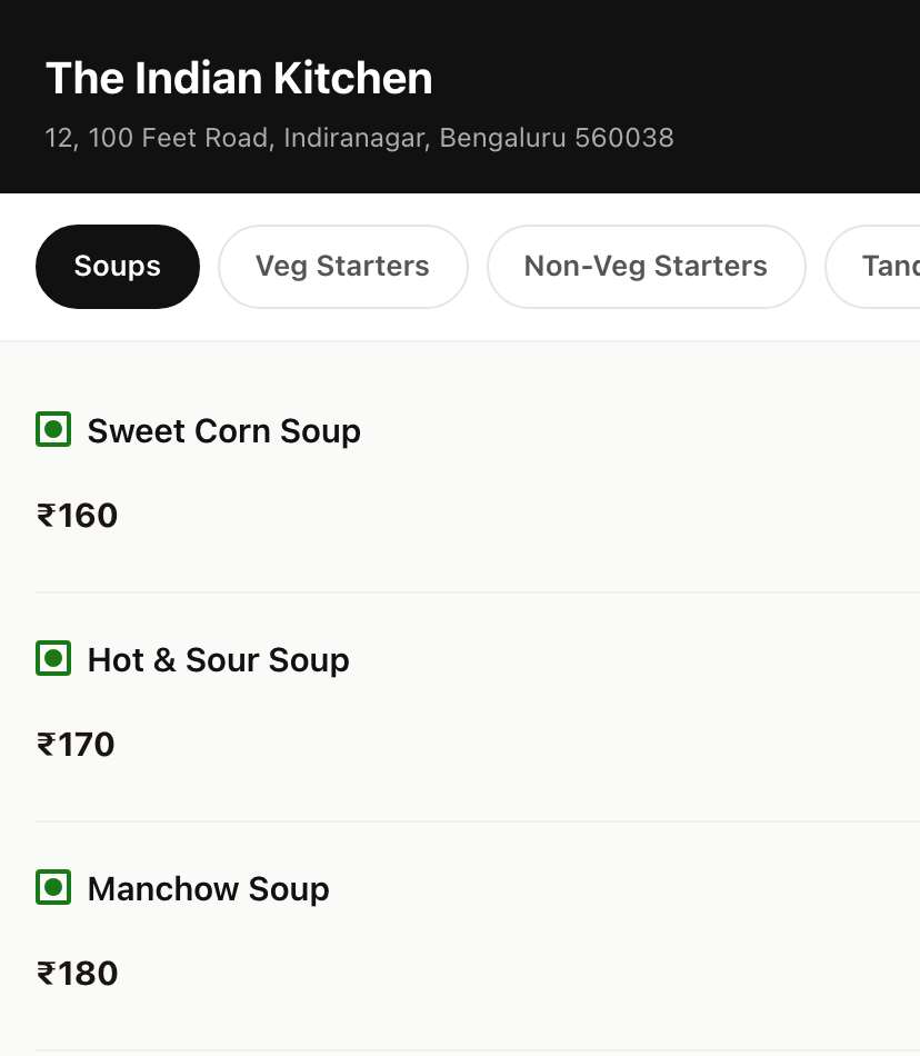 InBill QR self-order — browsing the menu from a table, no app required