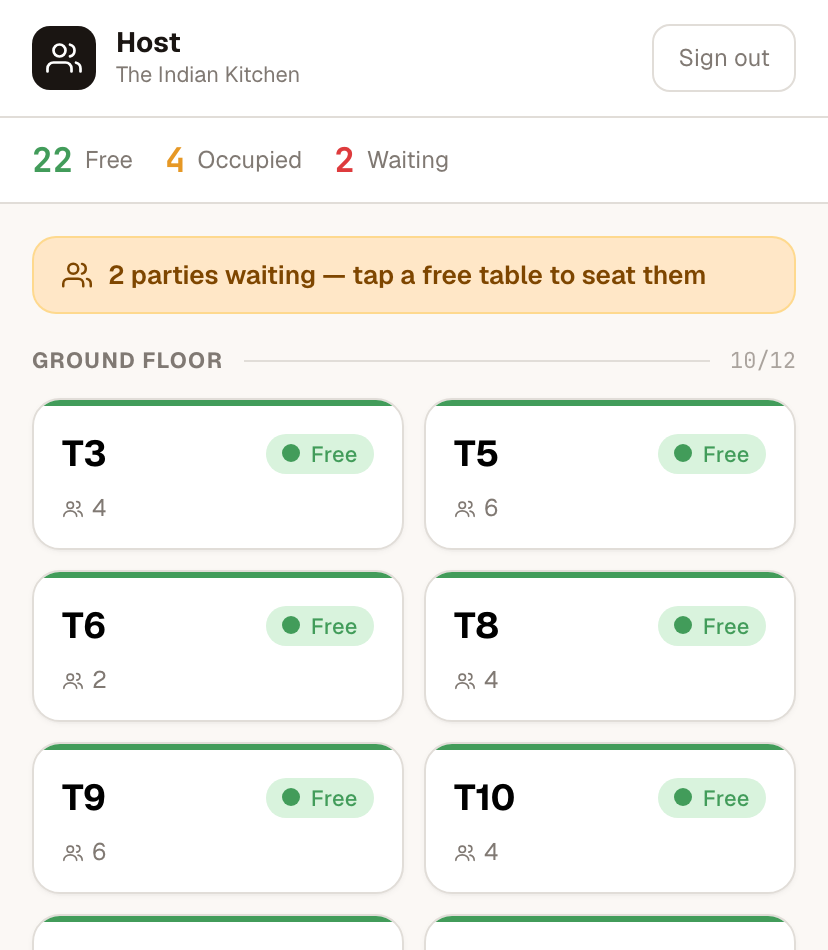 InBill host stand — table floor status with a waitlist of parties waiting to be seated